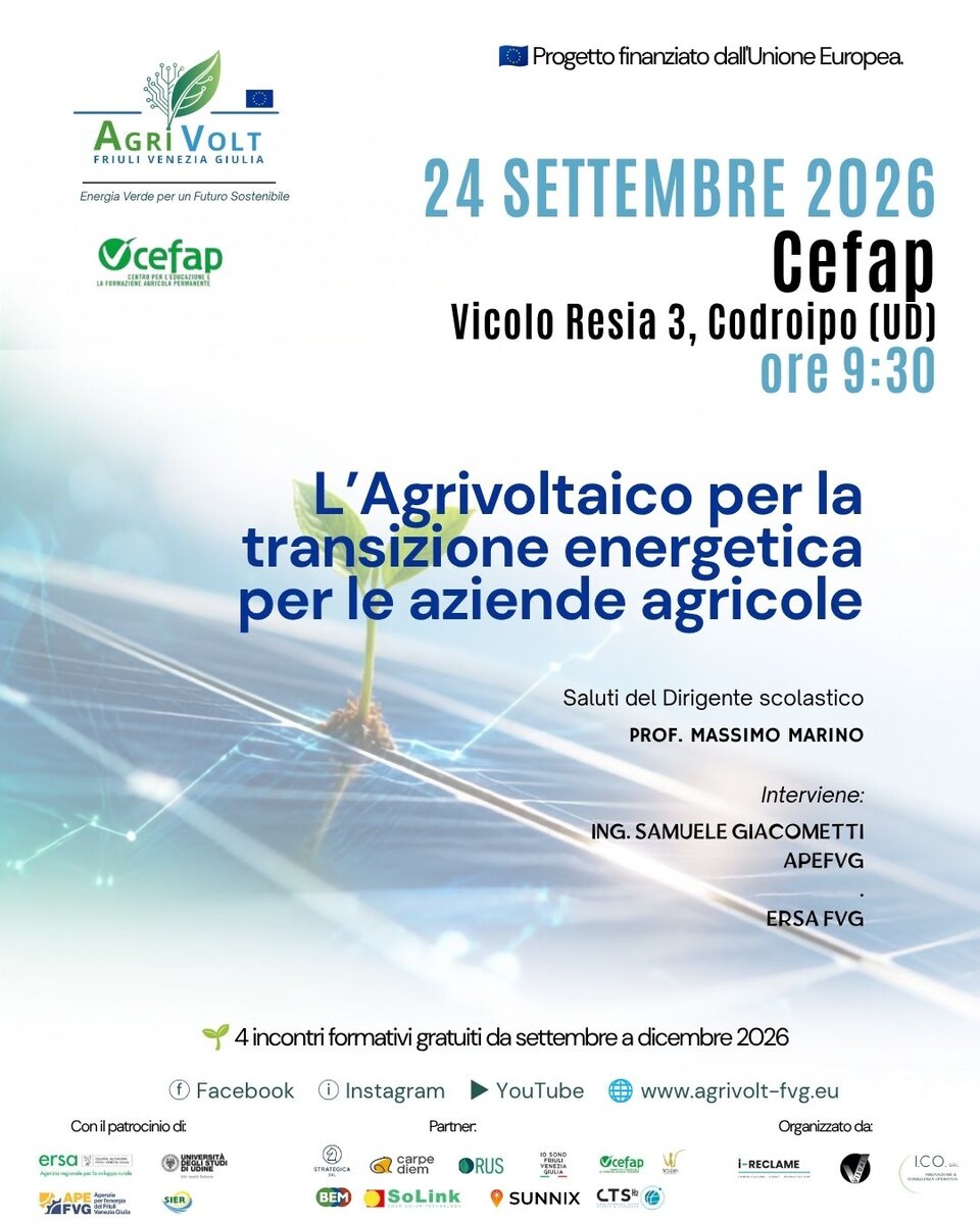 Locandina evento AgriVolt Friuli del 24 settembre 2026, CEFAP Codroipo