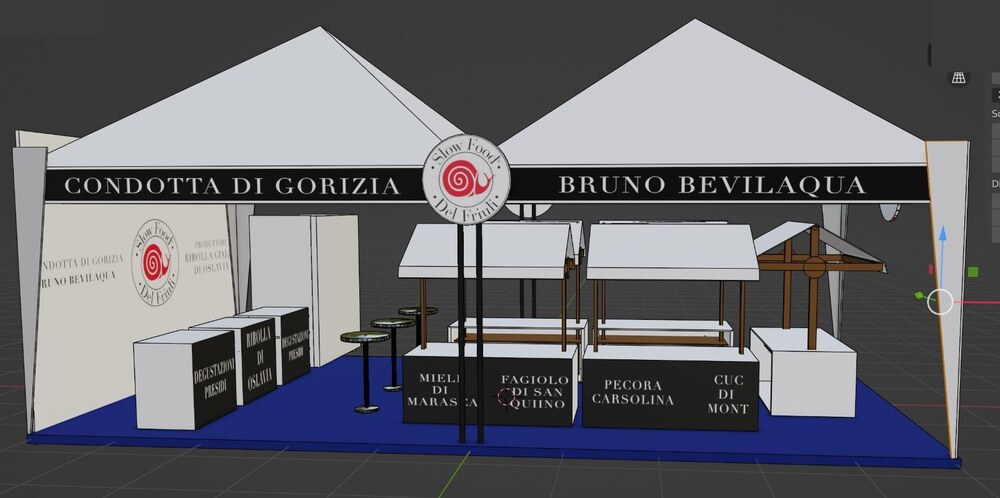 Rendering 3D dello stand Slow Food Condotta di Gorizia, vista frontale