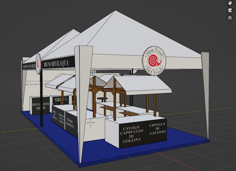 Rendering 3D dello stand Slow Food Condotta di Gorizia, vista laterale