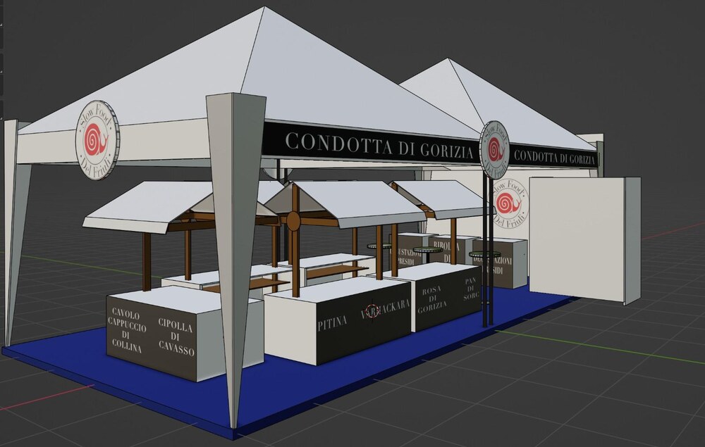 Rendering 3D dello stand Slow Food Condotta di Gorizia, vista d'insieme