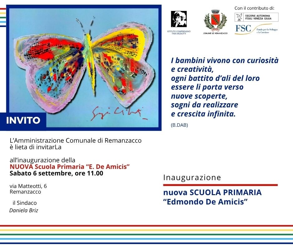 Invito ufficiale grafico per l'inaugurazione della scuola di Remanzacco, realizzato da i-RECLAME